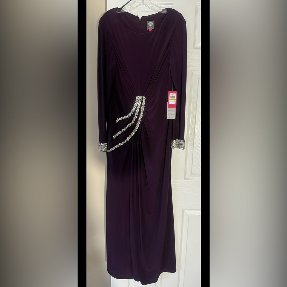 NWT Vince Camuto Cuff Ruched Jersey  long Gown in Plum Purple Size 14 NEW